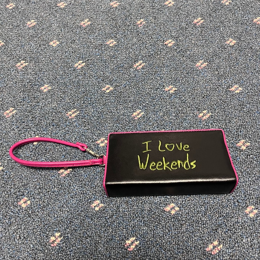 I Love Weekends Black Pink Faux Leather Kiss Lock Wristlet Box Clutch Bag Y2K